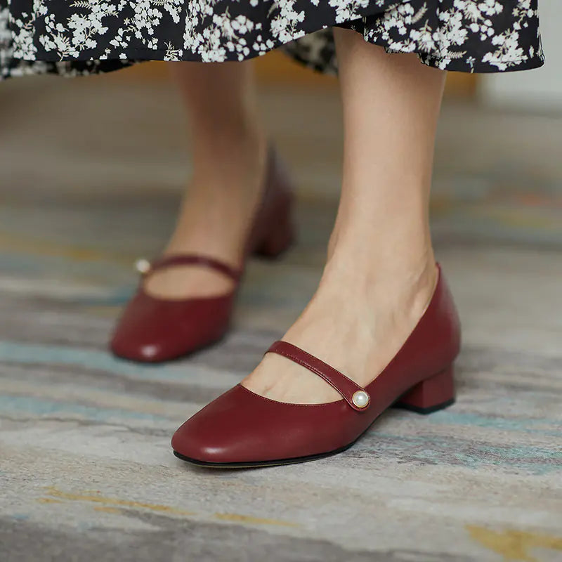 Mary Jane Flats, Square-Toe Leather Heels, Retro Style